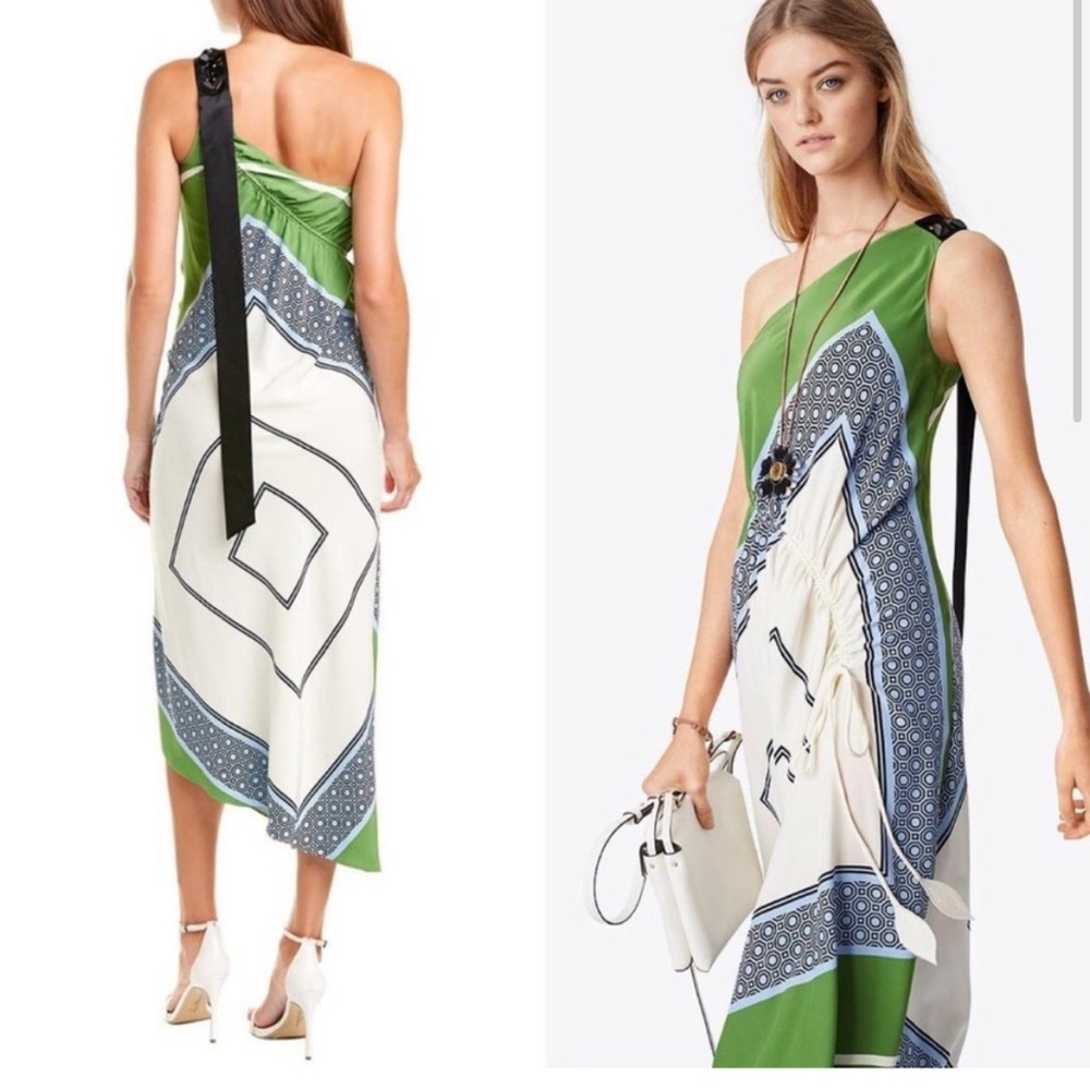 Tory Burch Green and White One Shoulder Dress